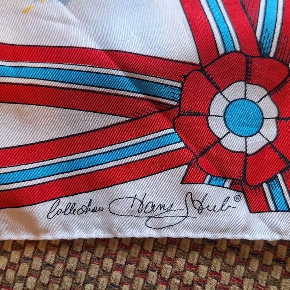 Norwegian Themed Souvenir Scarf By Hans Stub Collection with Red & Blue Accents - Picture 8 of 14